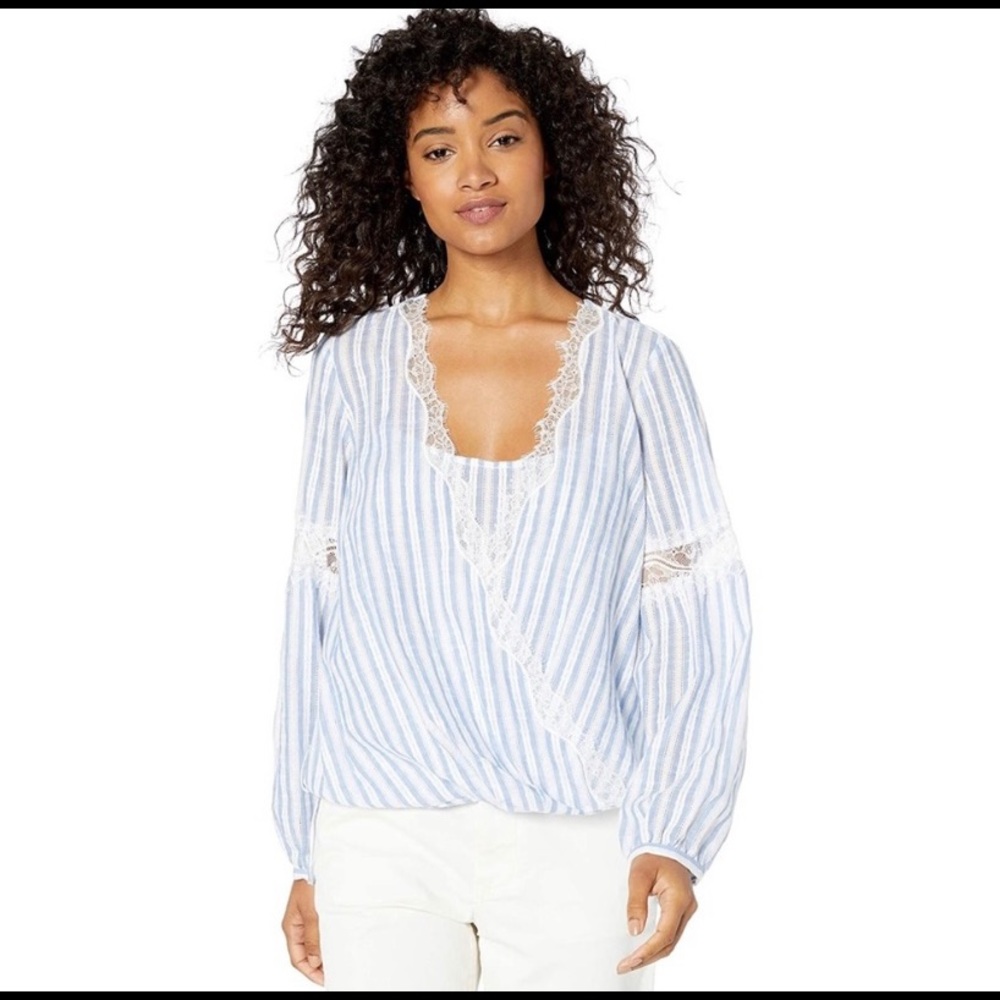 BCBG MAZAZRIA faux wrapped top in blue and white stripe